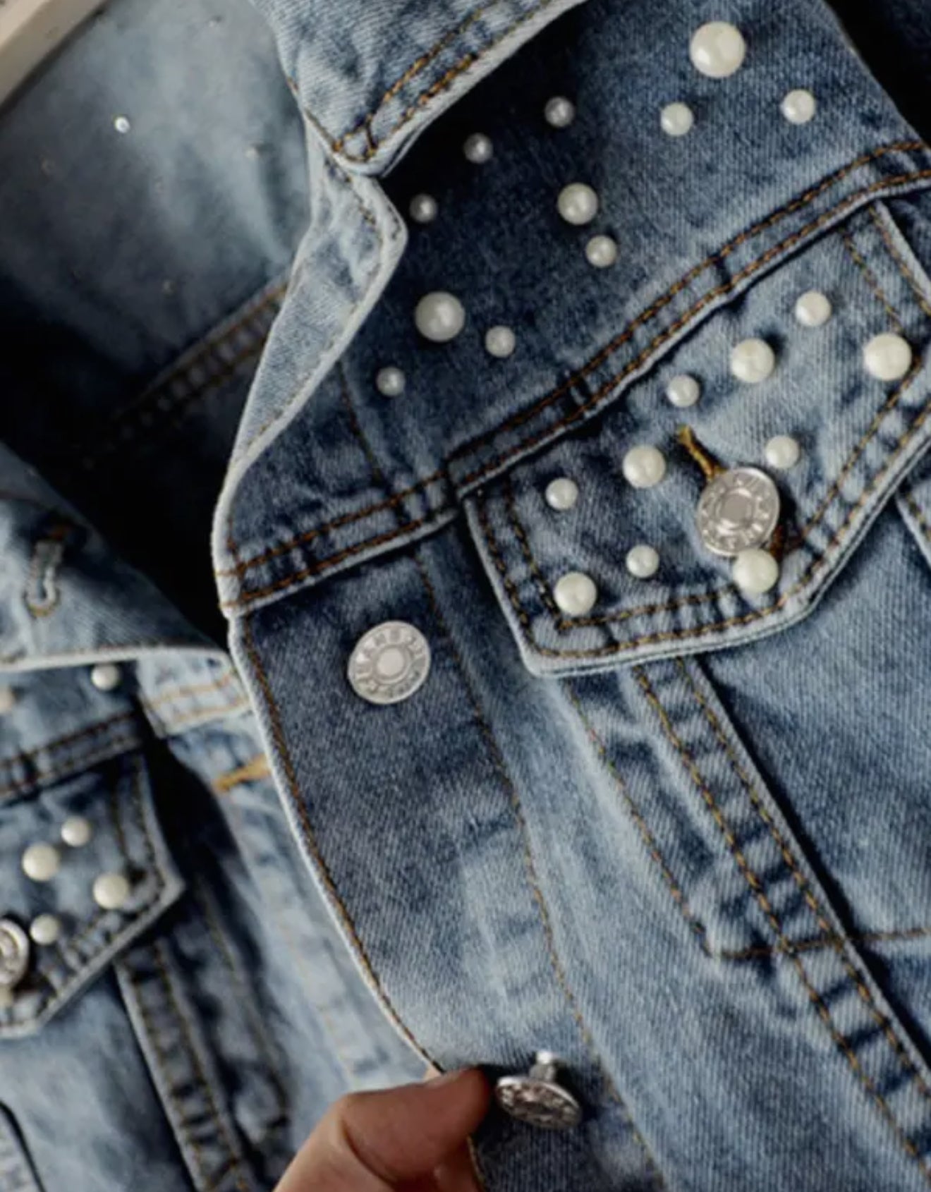 Pearl Embellished Distressed Denim Jacket