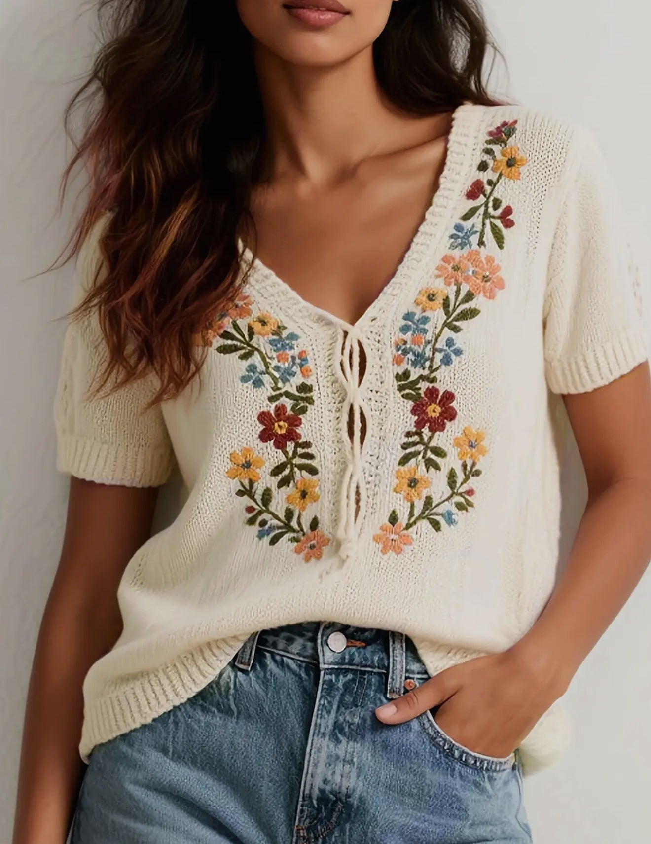 Flower Embroidered Knitted Top