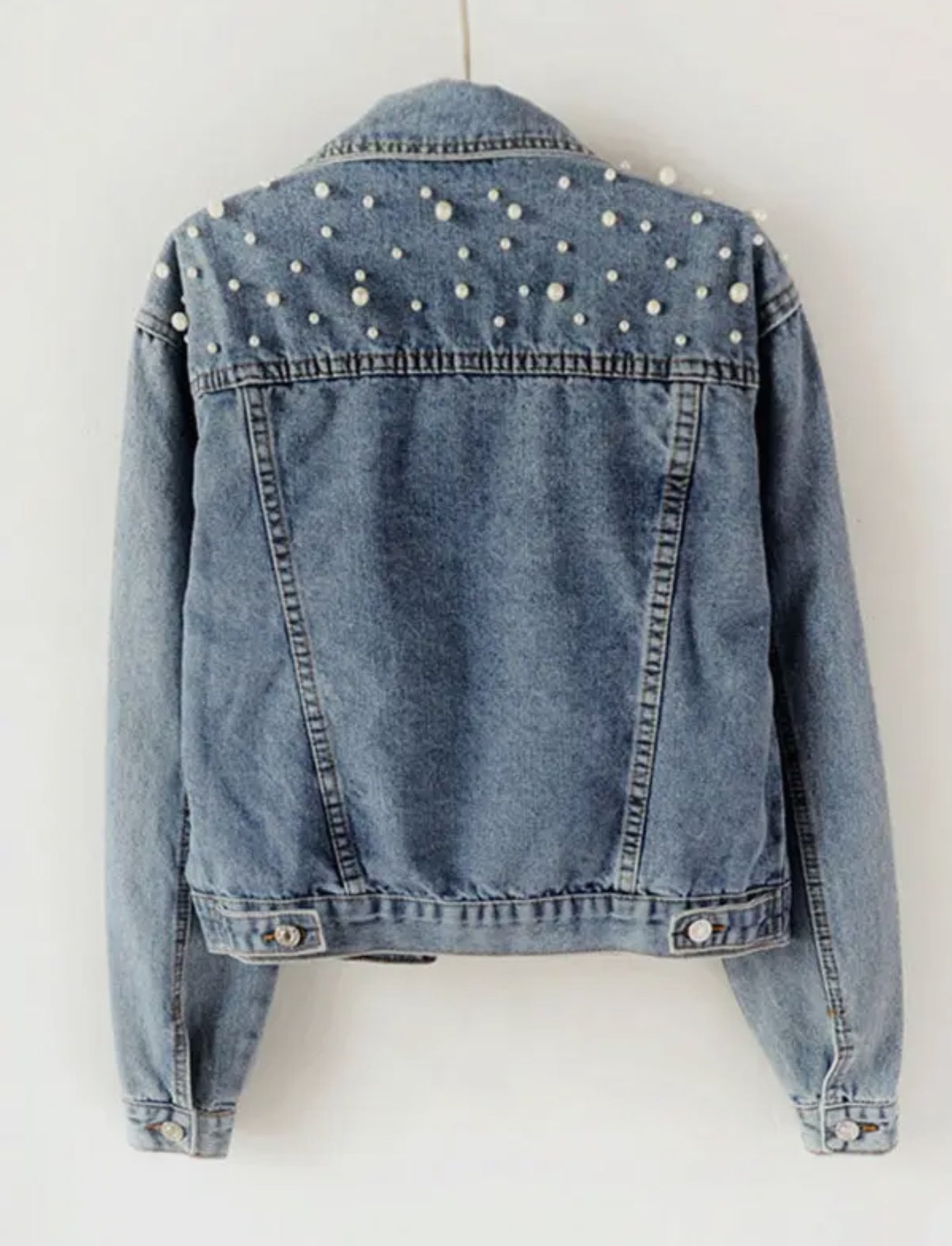 Pearl Embellished Distressed Denim Jacket