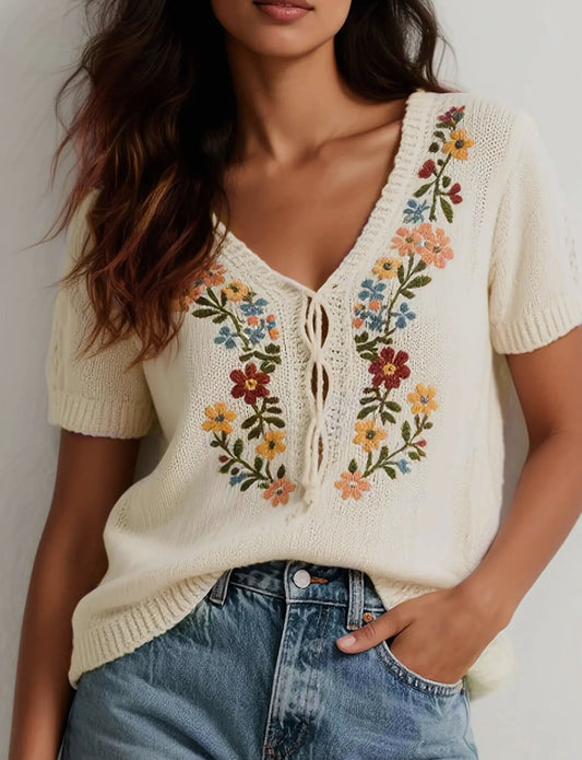 Flower Embroidered Knitted Top