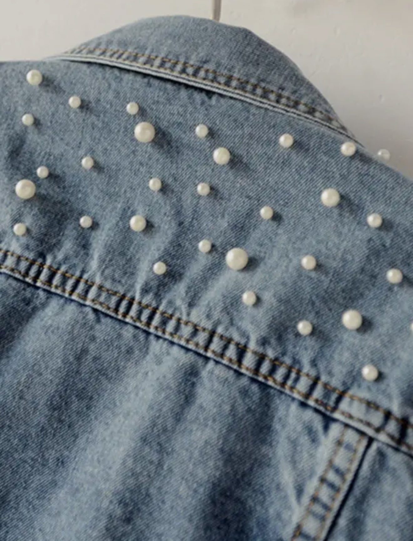 Pearl Embellished Distressed Denim Jacket