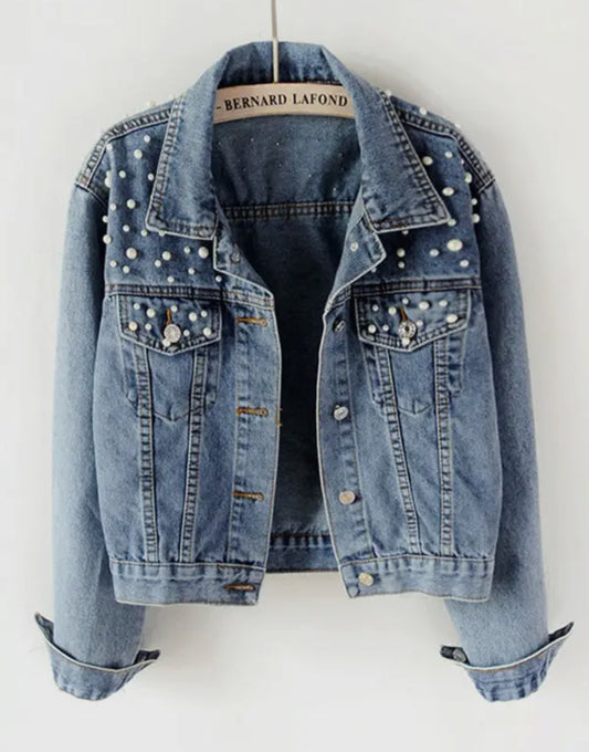 Pearl Embellished Distressed Denim Jacket
